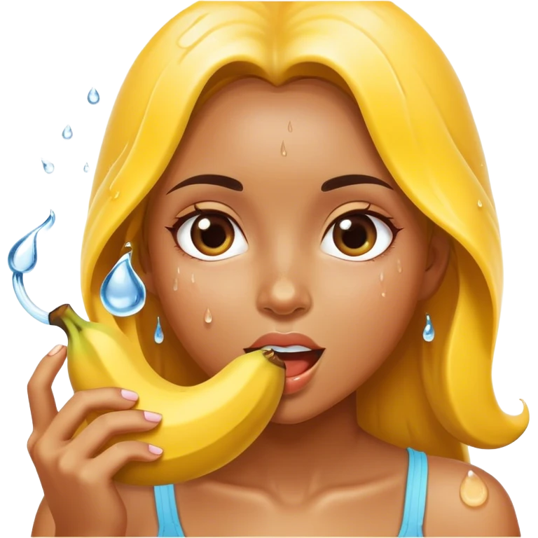 Chica comiendo banana con gotas de agua cayendo emoji