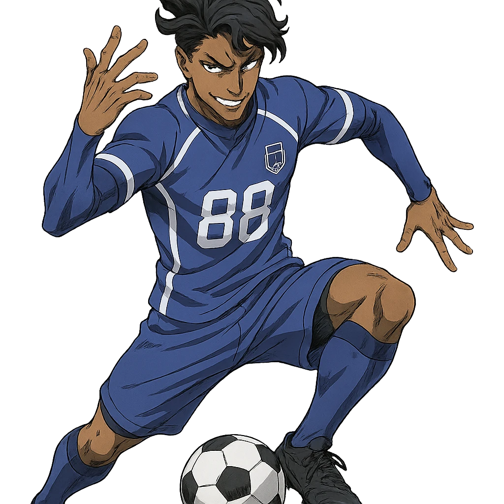 Don Lorenzo from Blue Lock, confident pose, detailed anime style, blue and white soccer uniform, expressive face, dynamic action, no background emoji