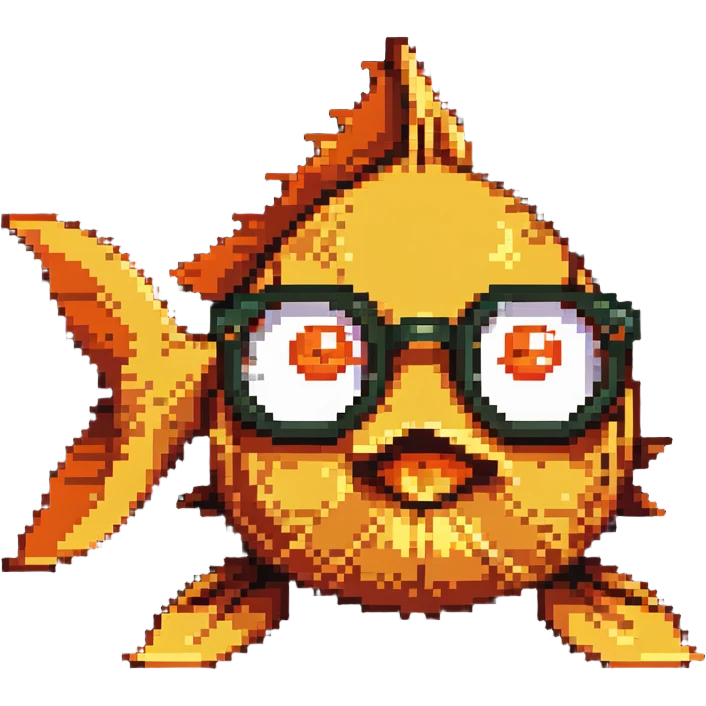 Pixelated goldfish with nerdy glasses making funny face emoji