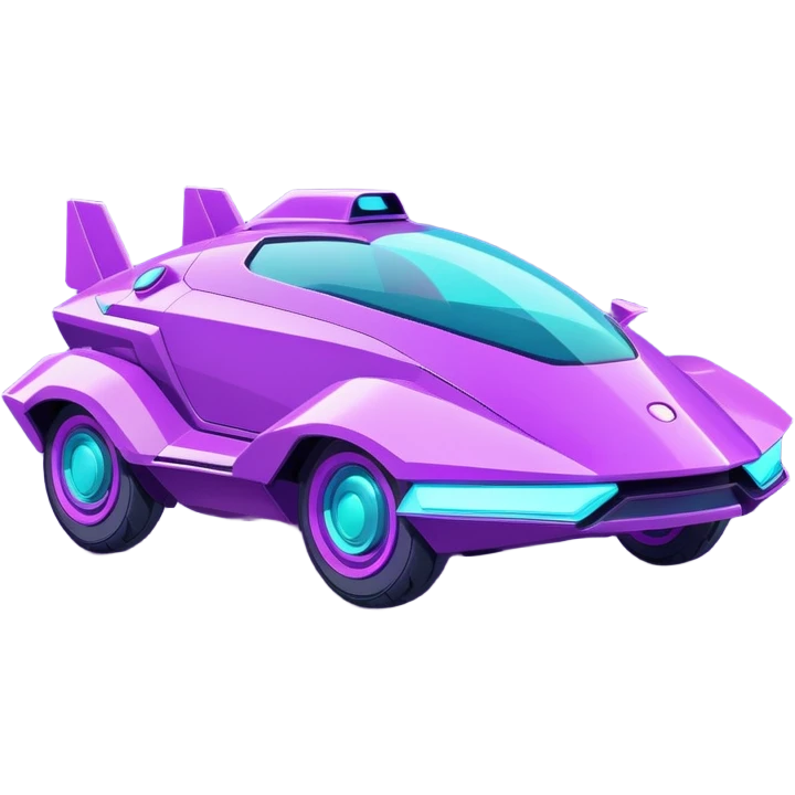 Futuristic retro hover car with sharp angular design and glowing purple wheels, flat vector style, minimal color palette with purple and teal accents emoji