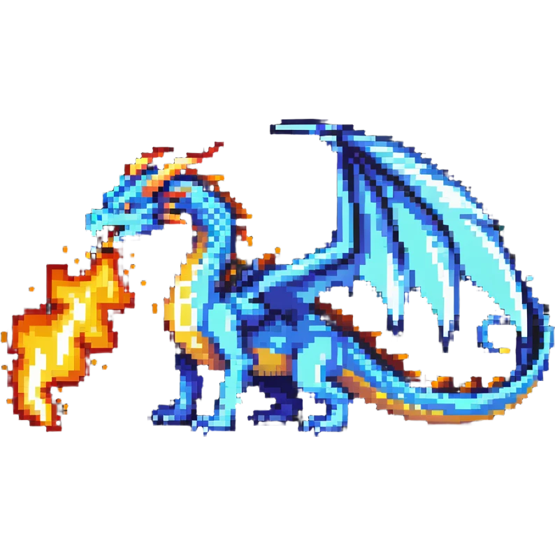 A retro-style dragon with wings and flame breath emoji