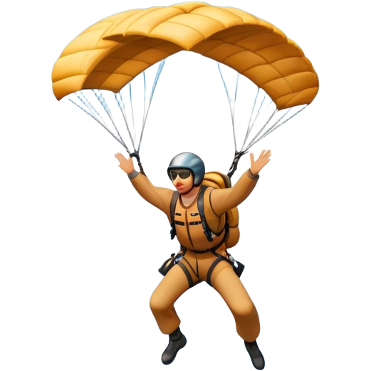 A base jumper soaring through the sky, with a parachute deployed, gliding over a dramatic cliffside or tall building. The background showcases a vast landscape below, with clouds and open skies, emphasizing the adrenaline and freedom of the sport emoji