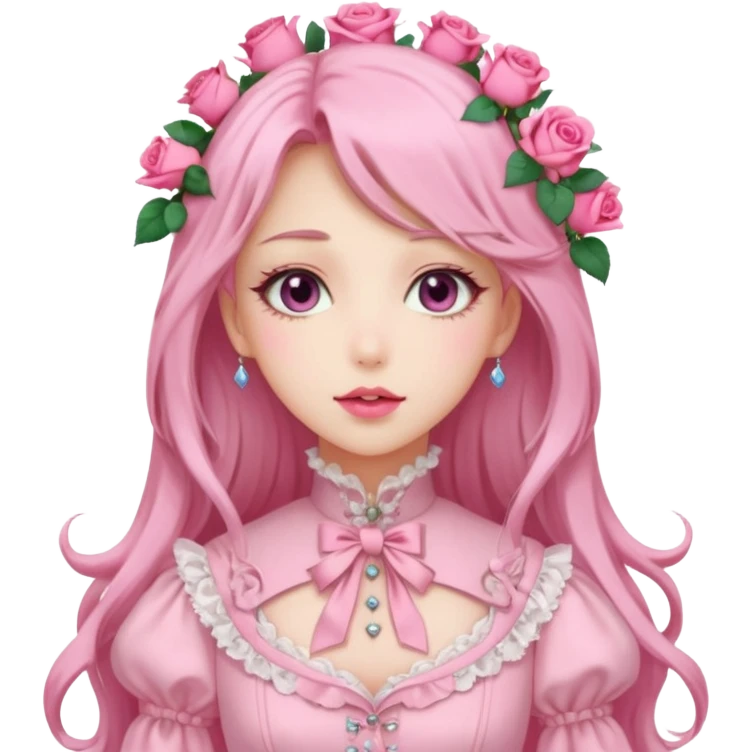 Gorgeous pastel anime lady with long hair and pink victorian style clothes and roses emoji