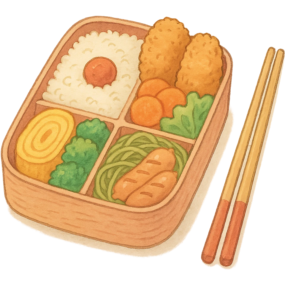 Japanese style bento box, soft pastel kawaii hand-drawn, full object, transparent background, with a pair of chopsticks emoji