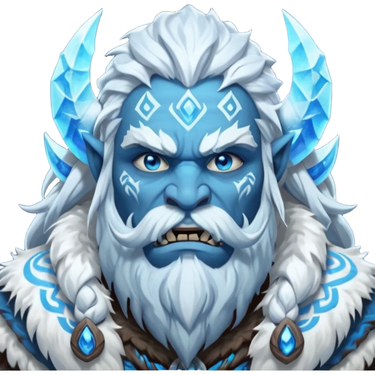 Legendary fantasy orc Christmas portrait icon, Frostfather and Snow Maiden inspired, primal winter god style, massive icy beard, glowing blue eyes, heavy fur coat, tribal frost runes, powerful brutal presence, blizzard atmosphere, clean stylized emoji icon, male/female variant
 emoji