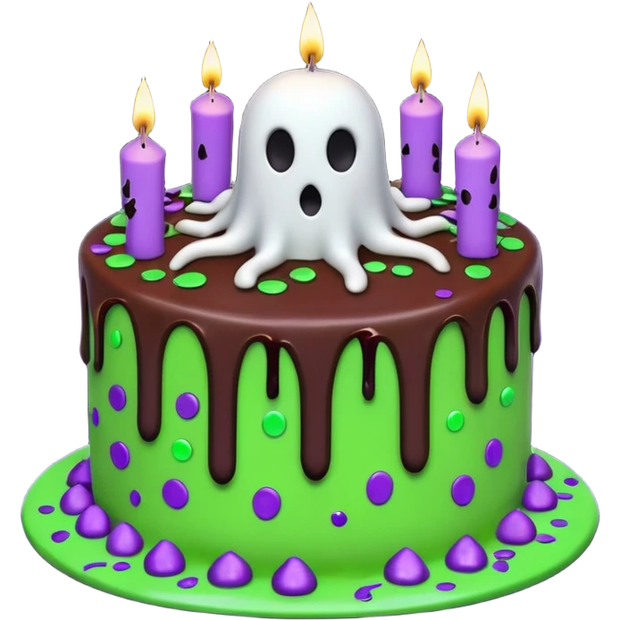 Chocolate Halloween cake with ghost floating and spiders on the side crawling with glowing green frosting dripping down the sides with candles on top and purple and black confetti  emoji
