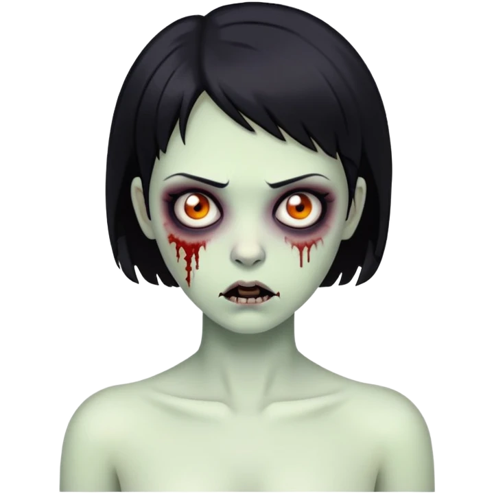Uma zumbi mulher com cabelos curto e pretos e olhos pretos do torso até a cabeça  emoji