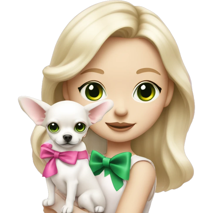 pale blond girl with wavy long platinum hair with green eyes holding a white chihuahua puppy that wearing a pink bow emoji