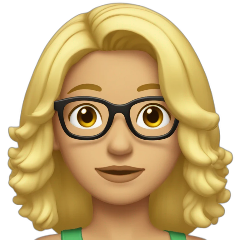 chica rubia con pelo largo a la altura de los hombros y suelto, com mechas rubias en el pelo, ojos verdes y gafas negras emoji