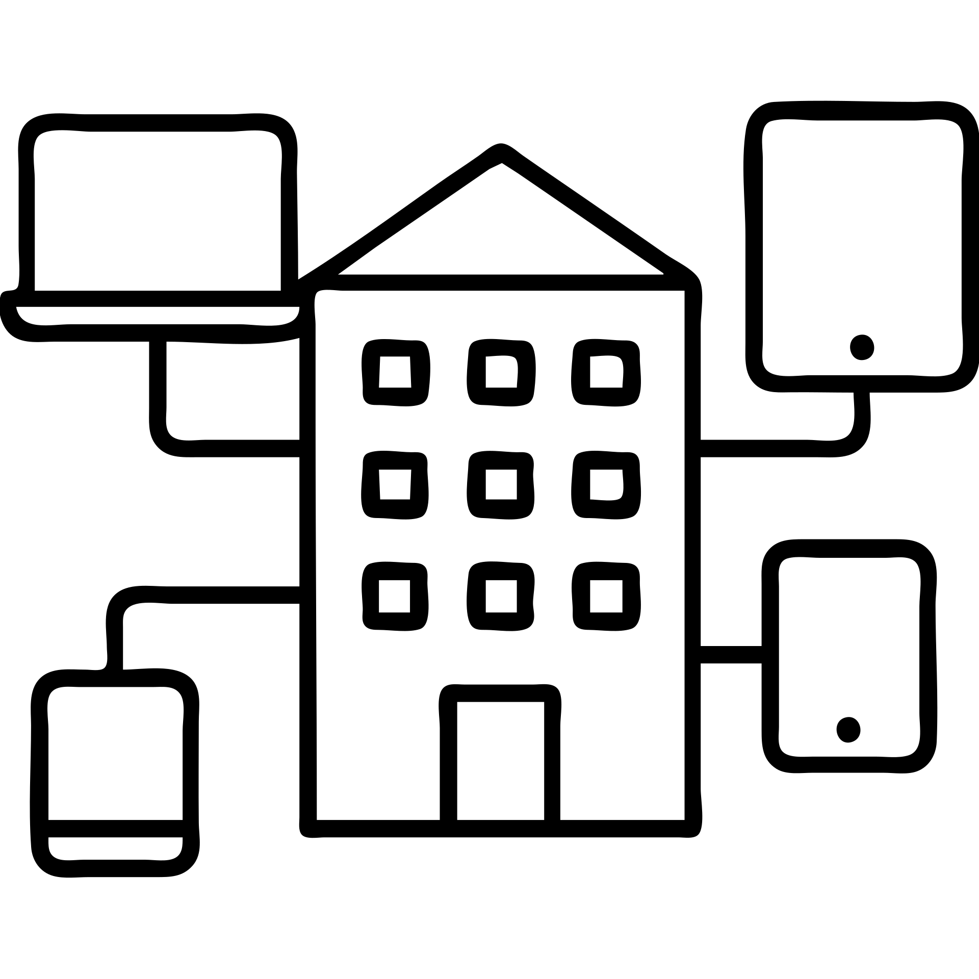 black and white outlined icon of a building with various computers and devices attached emoji