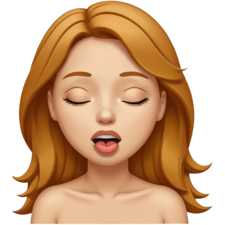 A light-skinned naked adult female with golden-brown hair, with eyes closed and mouth open with white thick fluid on her lips and left cheek. emoji