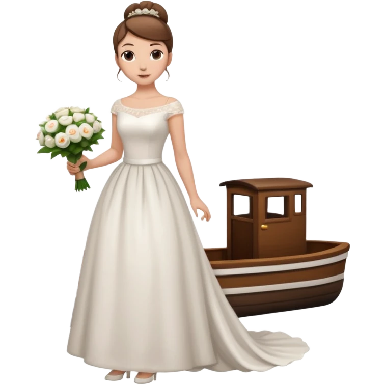 Chica blanca,cuerpo entero, vestido boda cuello barco y , pelo castaño,   1 ramo de flores , pelo recogido en moño alto con cola por la parte de atrás del vestido emoji