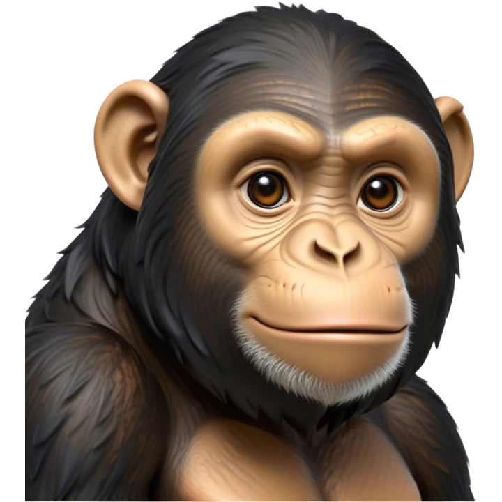 Cinematic Noble Chimpanzee Portrait Emoji, Poised and wise, with a lean, agile build adorned with textured fur and deep, thoughtful eyes, Simplified yet sharp and sophisticated features, highly detailed, glowing with a soft, contemplative glow, high shine, intelligent and vigilant, stylized with an air of primate regality, focused and attentive, soft glowing outline, capturing the essence of a watchful guardian that feels as though it could step out of the screen with effortless authority! emoji