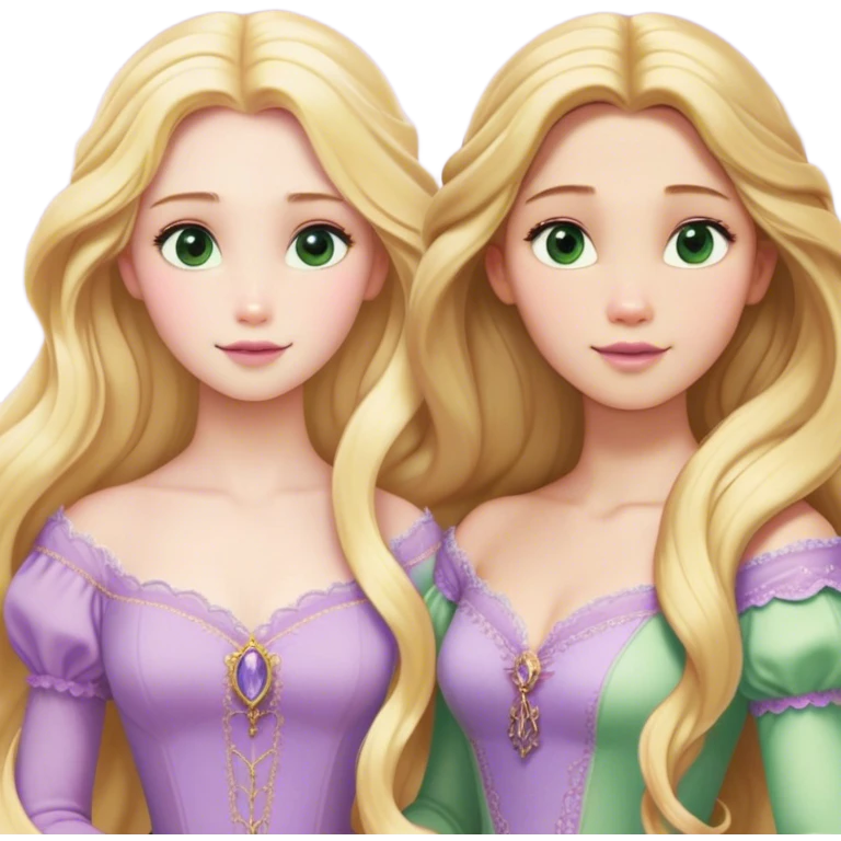 Cinematic Realistic Rapunzel Portrait, with porcelain-like skin featuring a subtle, natural glow, illuminated by soft lighting that brings out the gentle contours of her face. Her long, golden blonde hair cascades in detailed waves, each strand highlighted with a radiant shimmer as it catches the light. She playfully holds a flower in one hand, her other hand resting casually in her lap, with a warm and spirited expression. Her bright, expressive green eyes exude curiosity and warmth, framed by delicate lashes and soft, arched brows. She is dressed in her classic lavender and pink gown, the fabric textured with delicate folds that flow naturally, catching the light with a soft, radiant glow. The portrait captures a luminous, enchanting aura, seamlessly blending realism with a whimsical, fairytale charm, evoking a timeless sense of beauty and magic. emoji