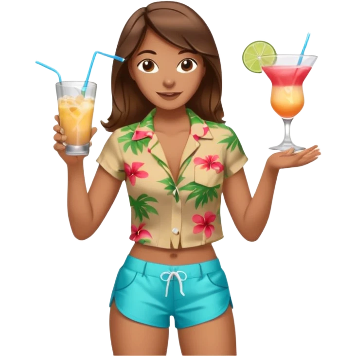 human female Unbuttoned Hawaiian shirt, swim trunks, shaking a cocktail shaker (sparks flying) emoji
