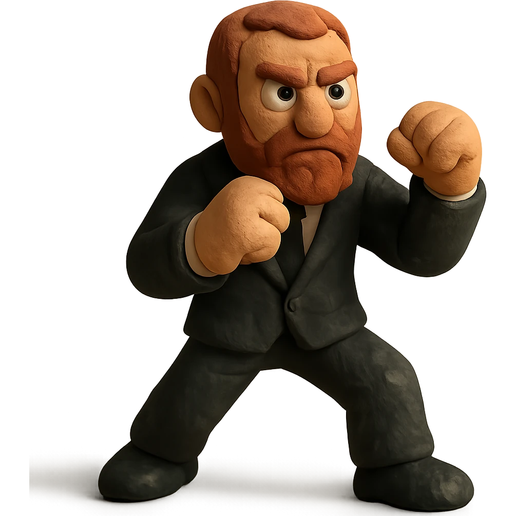 claymation style bearded man in a black suit, fighting posture emoji