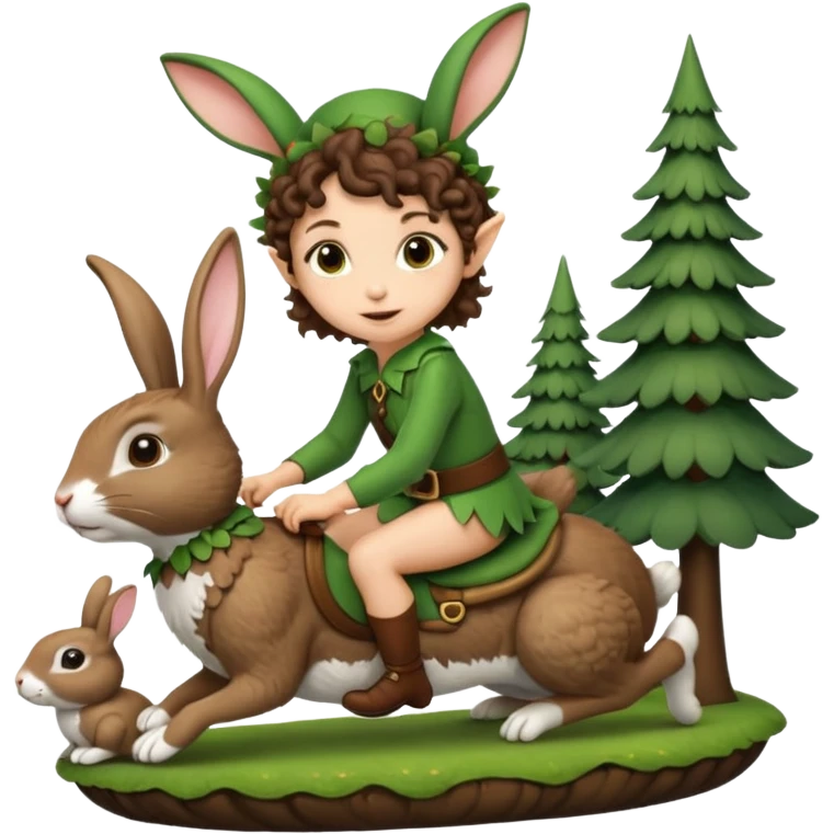 tiny forest elf short tight curly brown hair riding rabbit emoji