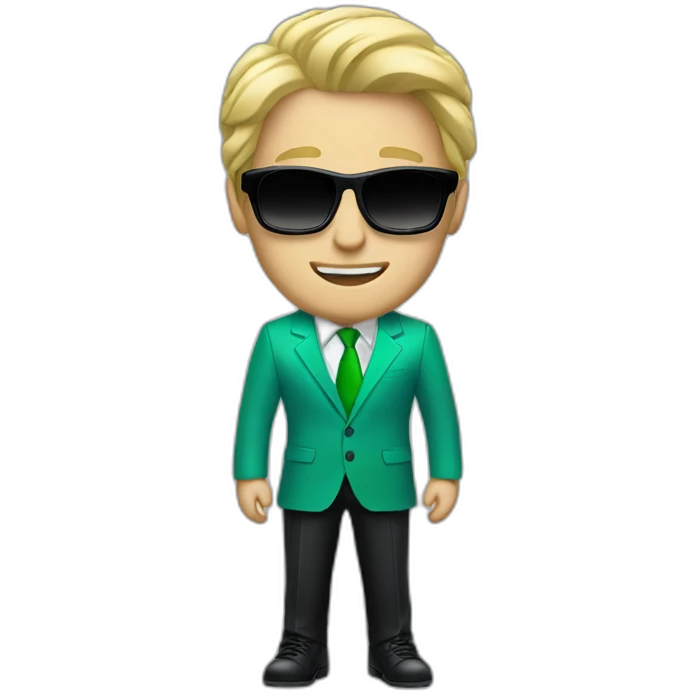 white guy in gradient green blue suit with blonde hair and black sunglasses standing with black shoes emoji