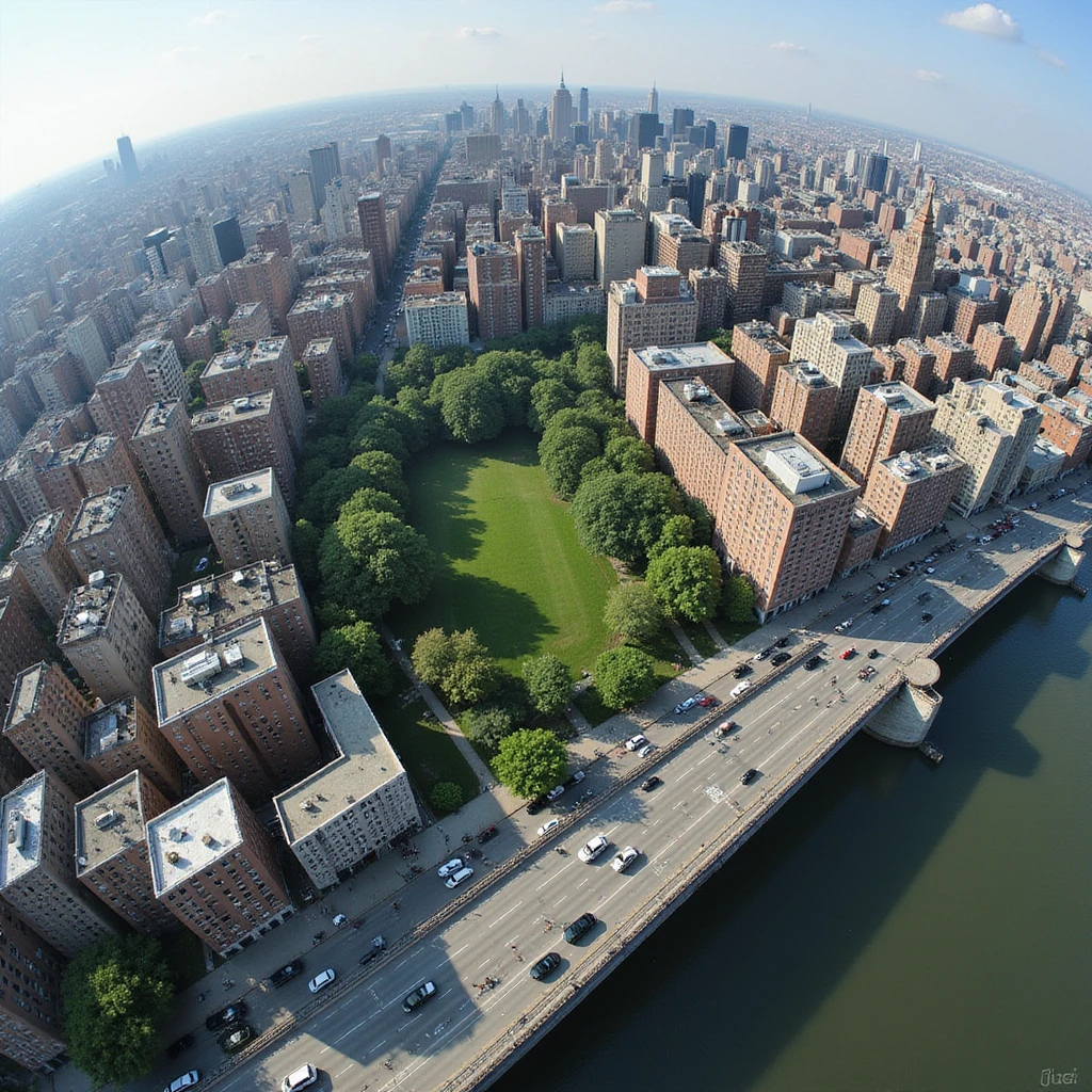 360-degree panoramic view of the Bronx from above, showing cityscape, buildings, parks, and bridges, realistic and detailed style emoji