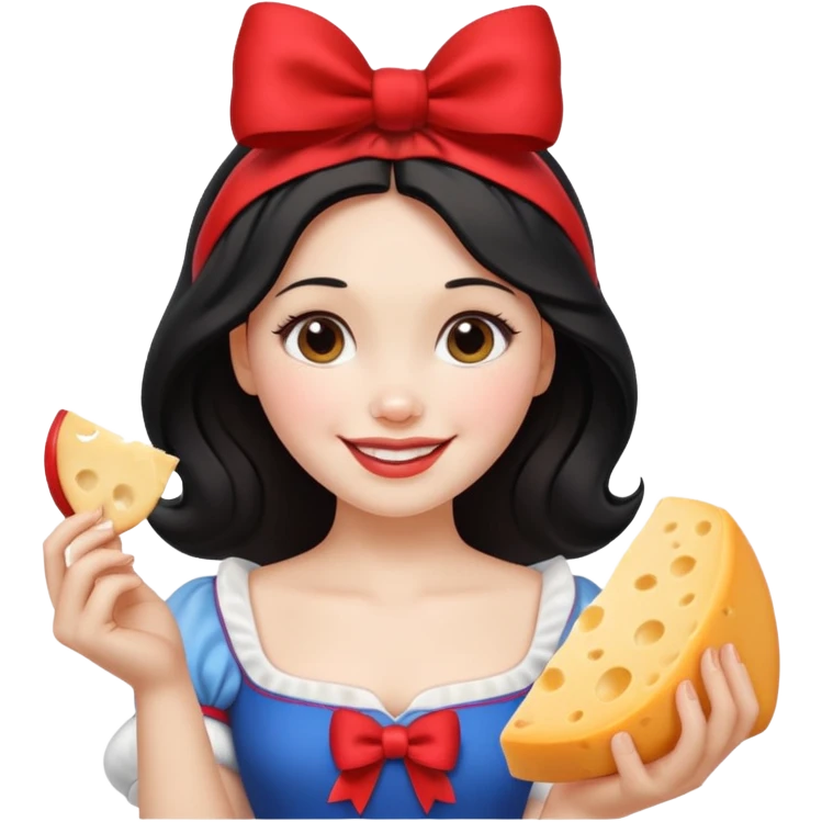  smiling Snow White with red bow ob head holding wedge of cheese emoji