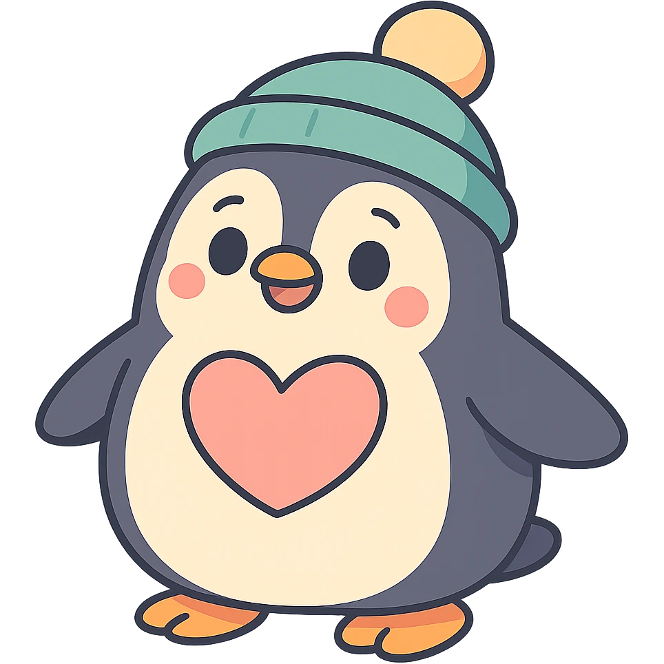 chubby penguin wearing a beanie hat with a large heart on its chest in pastel-toon style emoji