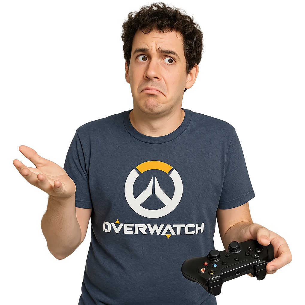 a playful Overwatch fan who rarely plays, holding a controller but looking confused emoji