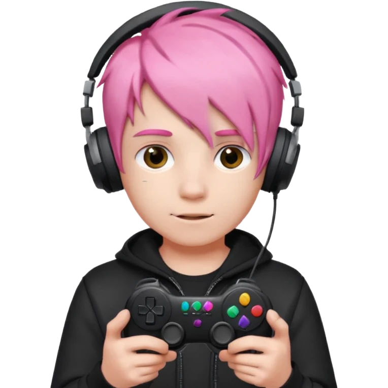 pink haired boy with headphones holding game controller emoji