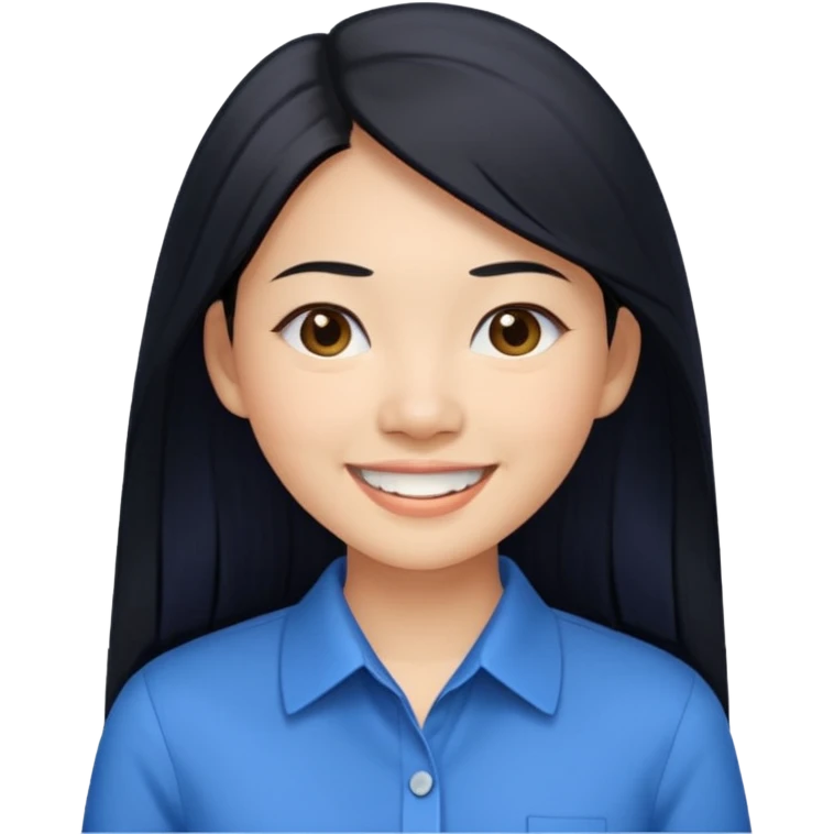 30 yr asian woman light skin long straight black hair big smile blue collared shirt emoji
