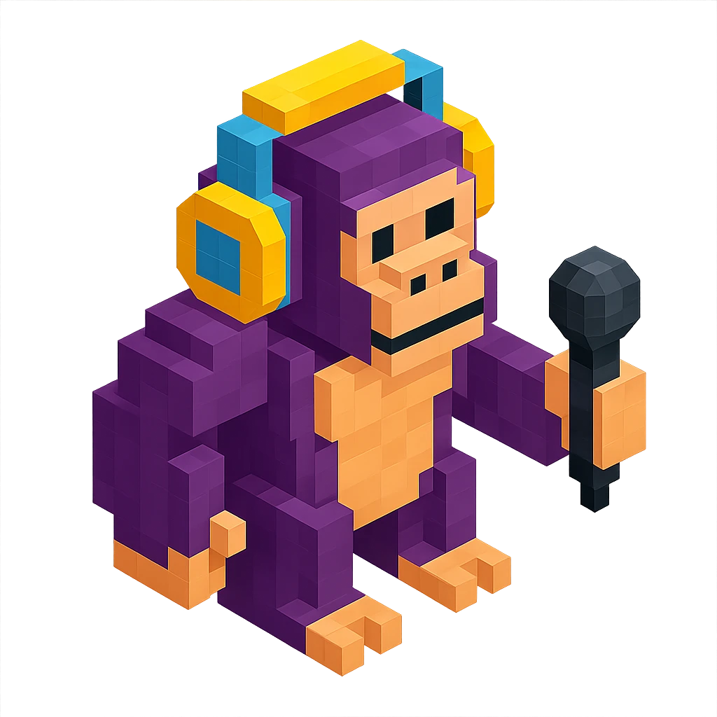 gorilla with headphones holding a microphone, isometric view, voxel style emoji