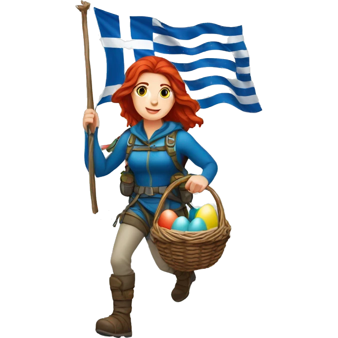 Greek Female winter mountaineer red hair white skin climbing with Greek Flag and Easter eggs basket emoji