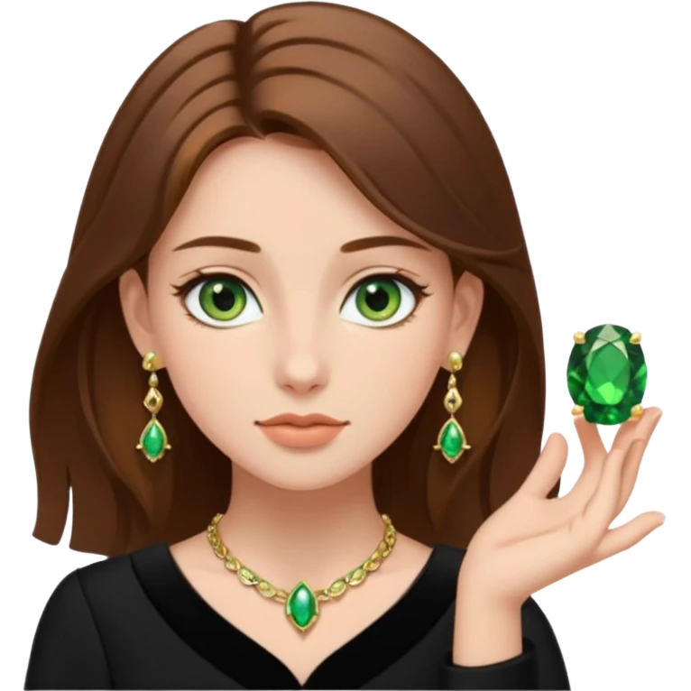 Μια κοπέλα καστανή με μαύρα ωραία ρουχα και σκουλαρίκια και κοσμήματα και βαμμένη ελαφρό και πράσινα μάτια τα κοσμήματα λίγα και χρυσα τα κοσμήματα να είναι λίγα και λεπτα emoji