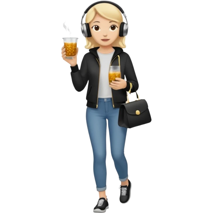 a young woman full length walks with headphones on with a caviar toast in one hand and herbal tea in the other hand emoji