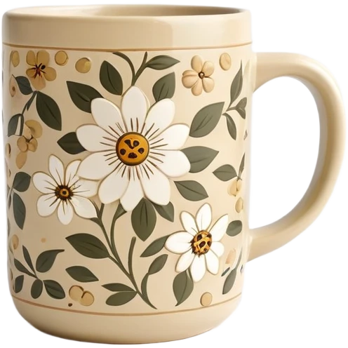 Cinematic Realistic Khaki Coffee Mug with Flower Pattern emoji