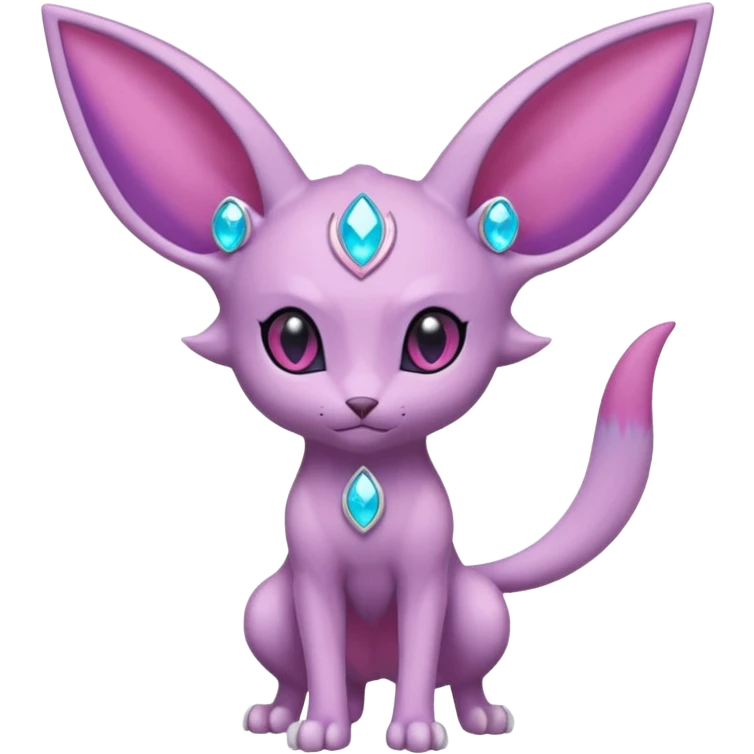 Espeon pokemon, pastel purple body color, dark pink jewel middle of forehead only, end of tail split in two, ear like flaps coming out 
of each cheek, inside of big pointy ears is blue
 (full body) emoji