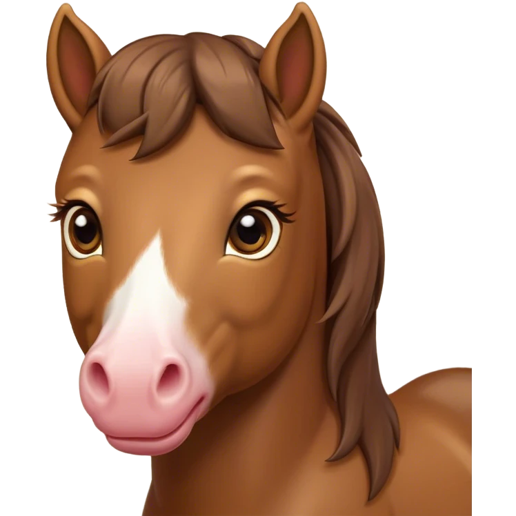 Cinematic Cute Brown Welsh Pony Portrait Emoji, Head tilted playfully and inquisitively, featuring a compact, charming form with a glossy, deep brown color, round, sparkling eyes full of gentle mischief, and a sweet, soft muzzle, Simplified yet irresistibly adorable features, highly detailed, glowing with a warm, inviting glow, high shine, affectionate and lively, stylized with a touch of rustic whimsy, soft glowing outline, capturing the essence of a mischievous yet endearing brown Welsh pony that seems as if it could prance out of the screen into your arms! emoji