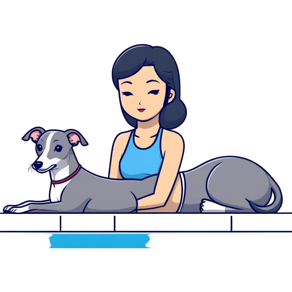 Slim Chinese woman with long black hair in appropriate pool attire relaxing by a swimming pool with her Italian greyhound that is COMPLETELY solid grey, with absolutely NO white markings anywhere, single uniform grey color throughout entire dog body emoji