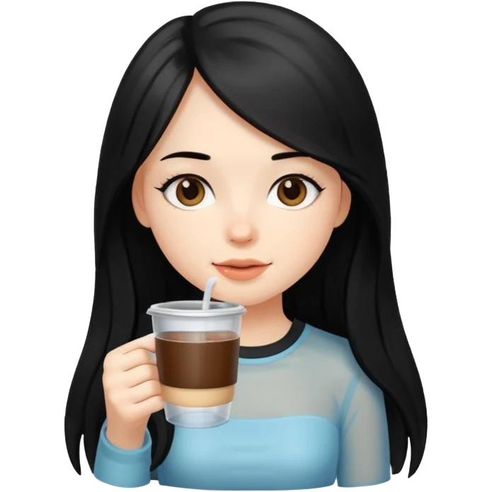 cute girl with black long hair drinking coffee in plastic cup emoji