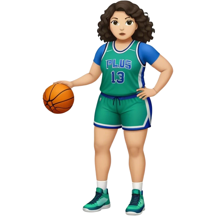 full body plus size light skin latino women basketball player with wavy dark hair wearing blue and green uniform emoji