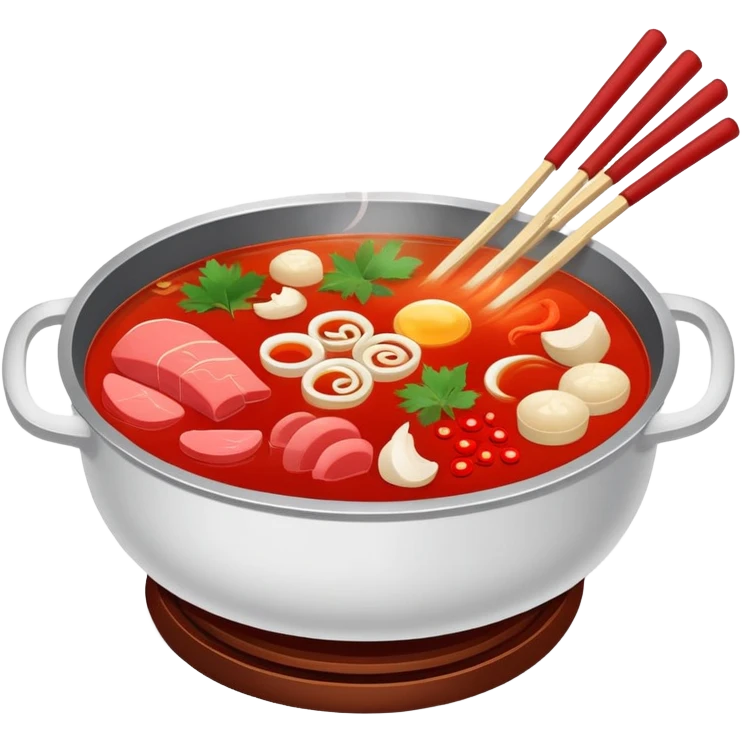 Chongqing hotpot with red spicy broth and ingredients, simplified emoji style with bold outlines and bright colors, cartoon style Chinese hot pot emoji