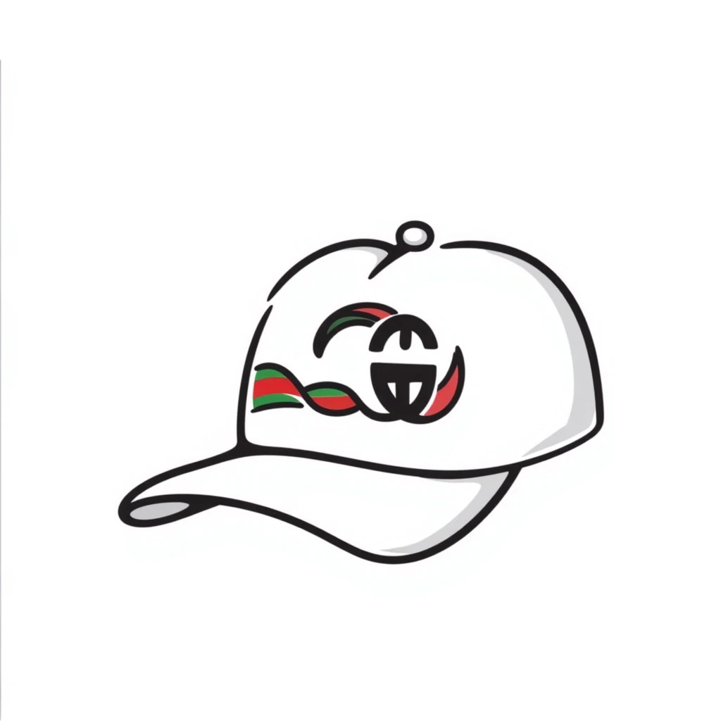 hand-drawn doodle of a Gucci cap with signature green and red stripes and logo emoji