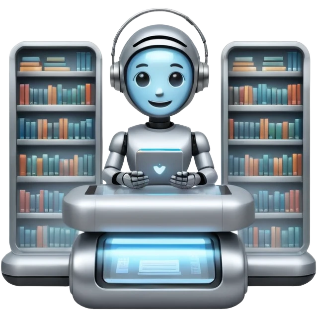 “A futuristic library floating in the clouds, filled with glowing books and holographic screens, with a friendly robot librarian.” emoji