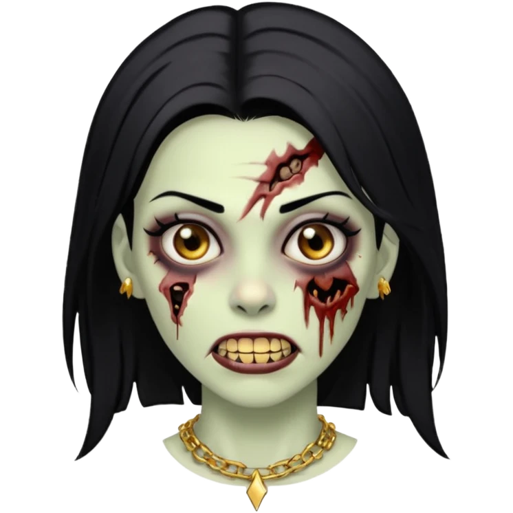 Faça uma zombie mulher com grillz com olhos castanhos cabelos liso preto partido ao meio e estilo baddie emoji