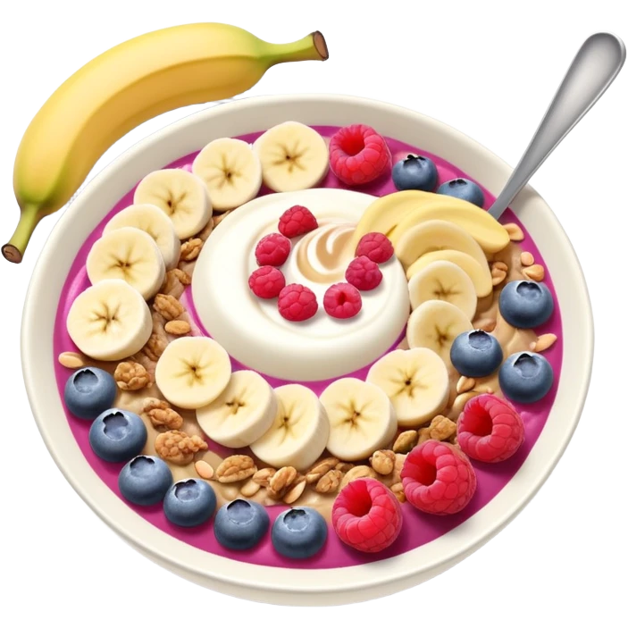 smoothie bowl with bananas, raspberries, blueberries, granola and peanut butter emoji