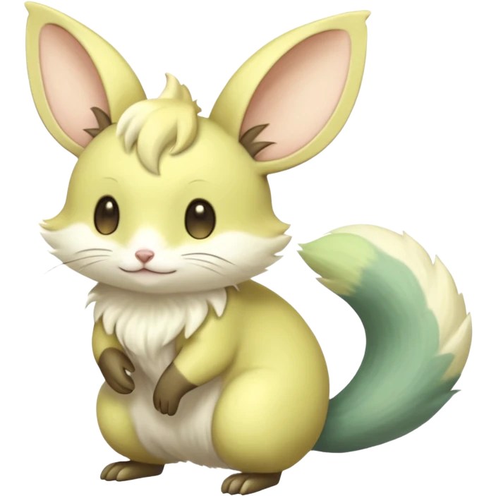 Pastel green pastel lime color golden yellow beige, soft natural realistic divine beautiful elegant pretty precious hyper-realistic lifelike  Fakémon-Pokémon-opossum-feline-mouse-serval-caracal-chinchilla-Minccino-Cinccino-Meowstic-rodent-hybrid-creature with a big fluffy bushy tail (full body) emoji