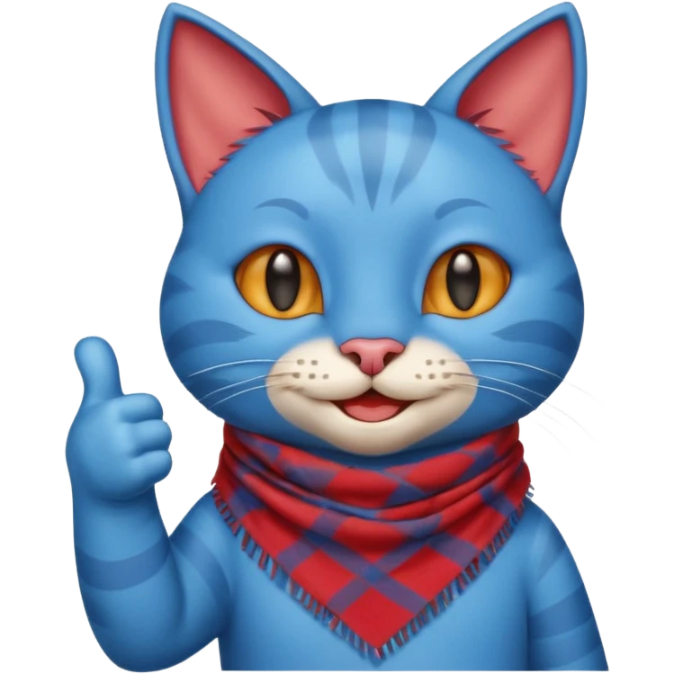 A Blue Cat smiling and giving thumbs up, wearing red Checkered Triangle scarf emoji