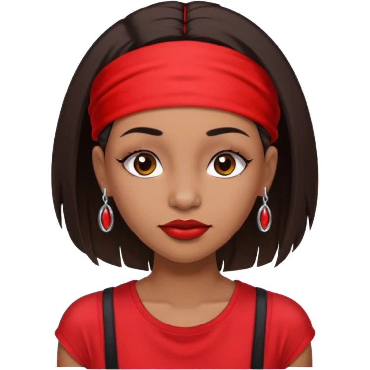 light-skinned black girl with long eyelashes with long strait dark brown hair with edges wearing a red top with no sleeves. and a red accessory on her head with nose and mouth piercings. emoji