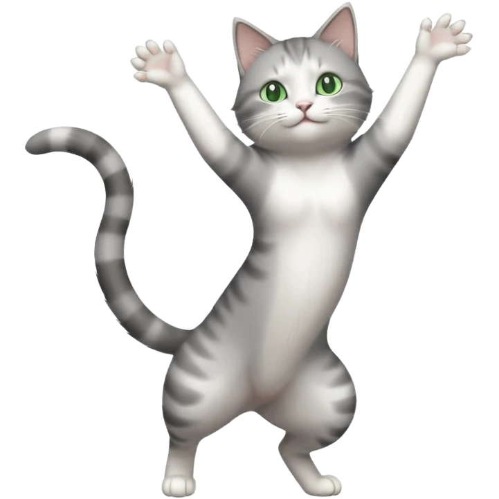 grey and white cat with green eyes doing a big extremely long stretch reaching up into the air with arms and legs side by side together emoji