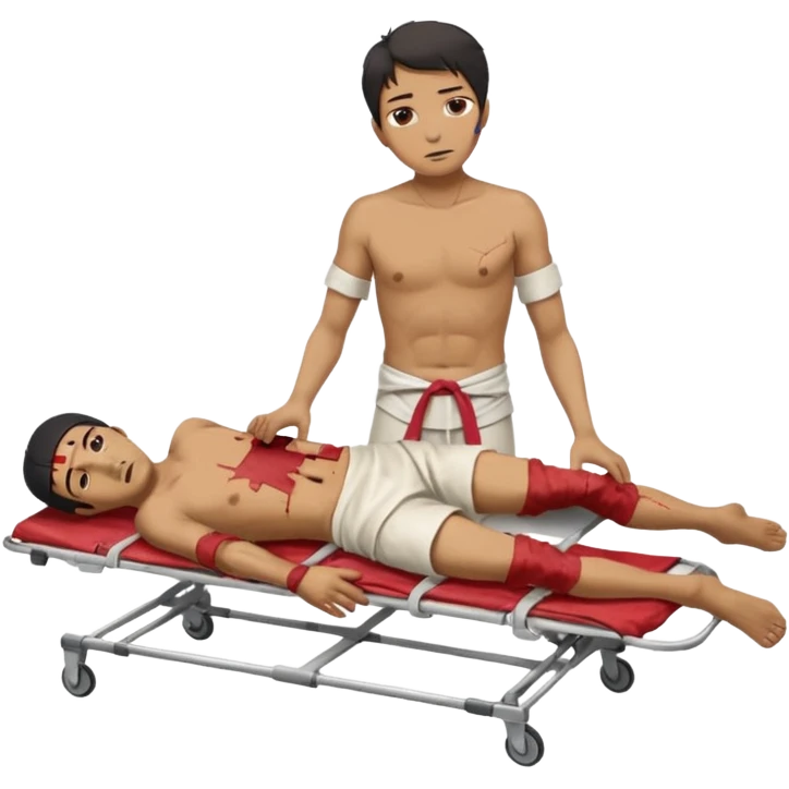 a man of oriental appearance, dressed in torn clothes, full length, in a prone position, with injuries on a medical stretcher, 1980 emoji