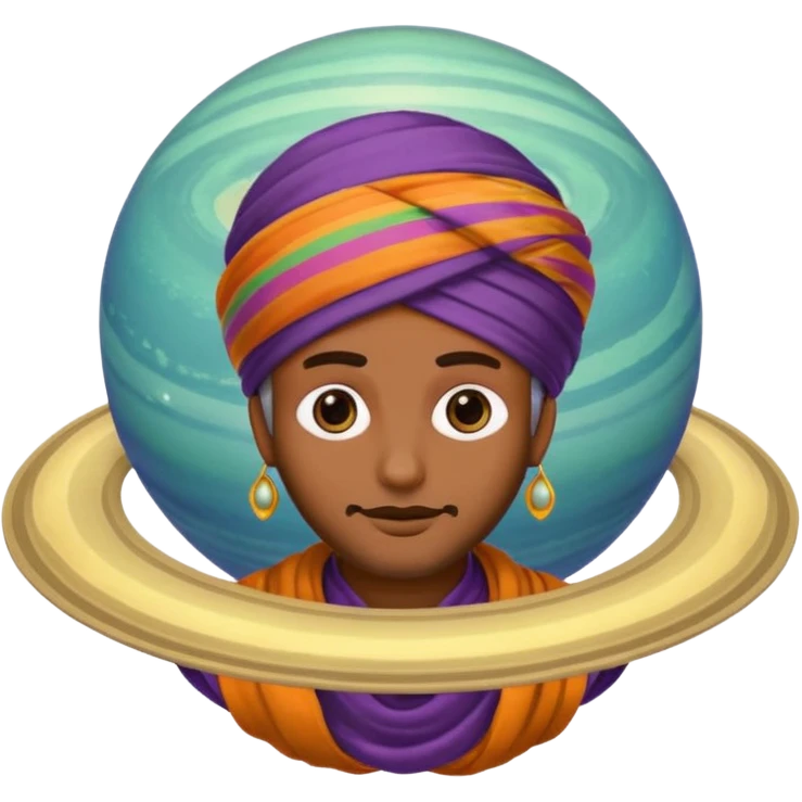 A bold emoji-style illustration with Saturn 🪐 as the dominant element, clearly showing its bright rings. Inside the planet, a stylized man wearing a colorful turban 👳🏾‍♂️, depicted as a mystical or adventurous character, sitting or floating within Saturn, integrated with the planet’s texture. . emoji