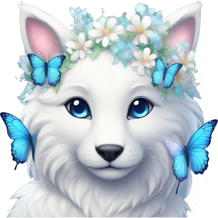 Anthro Cute Cool Kawaii gorgeous sparkly ethereal white fantasy animal creature with blue eyes furry sona with flowers and butterflies beautiful aesthetic emoji